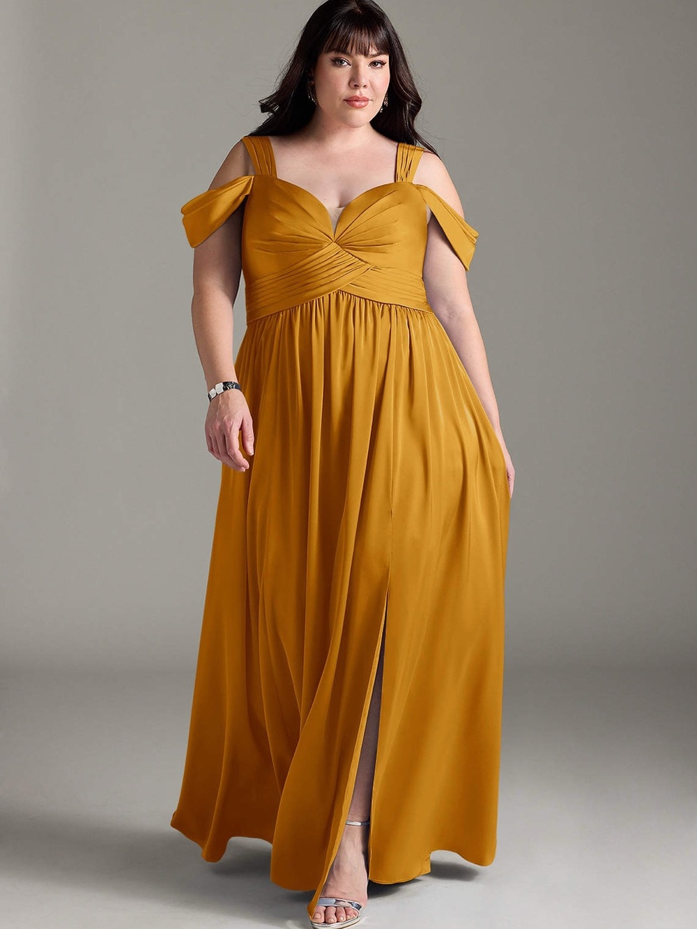 Azazie Lianne Butterscotch A-Line Off the Shoulder Stretch Satin Dress Size 16